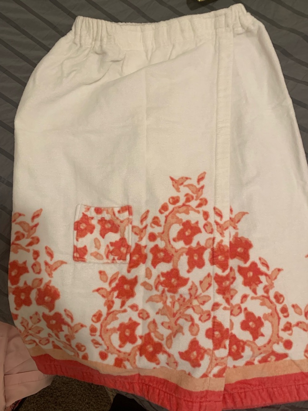 White Towel Wrap Skirt with Coral Floral Border